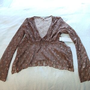 NWT Sz.M Womens Madden Girl Long Sleeve Floral Lace Tie Front Blouse
